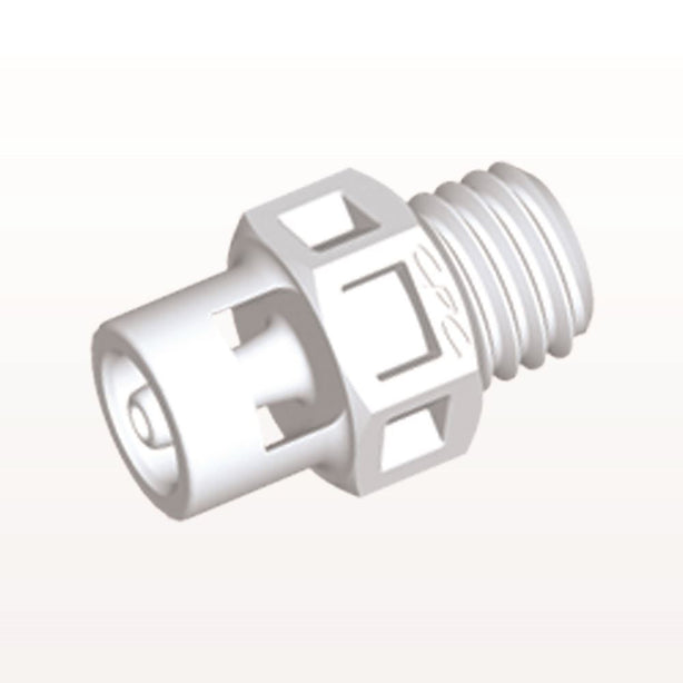 Threaded Connector, Barbed, White, 100/Bag - Fits 1/16 inch ID Tubing (0.063, 1.59 mm) x 1/4"-28 UNF - KS230