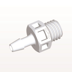 Threaded Connector, Barbed, White, 100/Bag - Fits 3/32 inch ID Tubing (0.094 inch, 2.38 mm) x 1/4