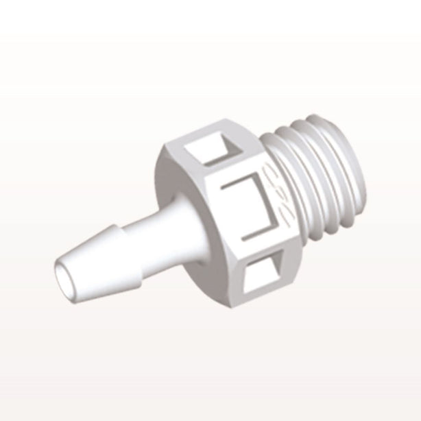 Threaded Connector, Barbed, White, 100/Bag - Fits 3/32 inch ID Tubing (0.094 inch, 2.38 mm) x 1/4"-28 UNF - KS330