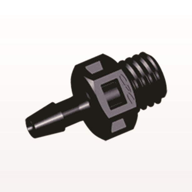 Threaded Connector, Barbed, Black, 100/Bag - Fits 3/32 inch ID Tubing (0.094 inch, 2.38 mm) x 1/4"-28 UNF - KS331