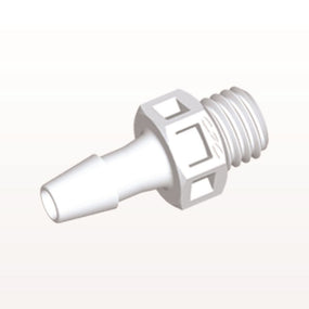 Threaded Connector, Barbed, White, 100/Bag - Fits 1/8 inch ID Tubing (0.125 inch, 3.18 mm) x 1/4