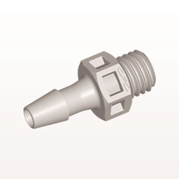Threaded Connector, Barbed, Natural, 100/Bag - Fits 1/8 inch ID Tubing (0.125 inch, 3.18 mm) x 1/4"-28 UNF - KS4