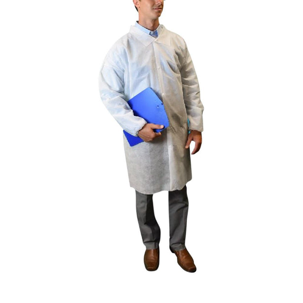 Keystone Adjustable Cap Disposable Protective Wear Polypropylene Lab Coat, No Pockets, Elastic Wrists, Hook & Loop Front, White, Size L - KYALC0WENWLRG