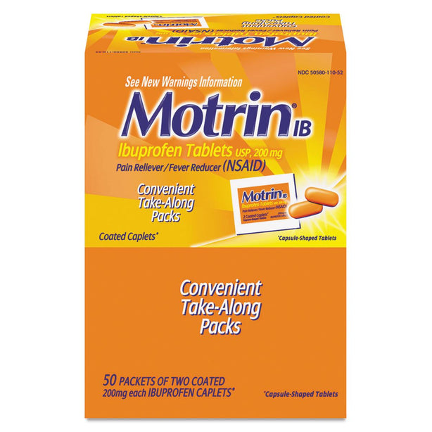Macon Take-Along Packs Motrin IB Ibuprofen Tablet, Coated, 200 mg, 2 Tablets/Pack, 50 Packs/Box - 48152 - 50 Each