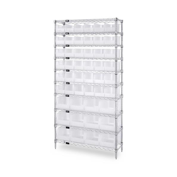 Quantum Storage Systems Stack Hang WR10-230240CL 14" x 36" x 74" Wire Shelving with 10 Shelves and 48 Clear-View Ultra Stack-and-Hang Bins - MDL-MDRQ10230240C - 1 Each