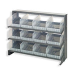 Quantum Storage Clear-View Store-More 6" Shelf Bin Sloped Steel Shelving System, 12"L x 36"W x 26-1/2"H, 3 Shelves Bench Rack, 12 QSB207CL (11-5/8"L x 8-3/8"W x 6"H) Clear Bins - QPRHA-207CL - 1 Each