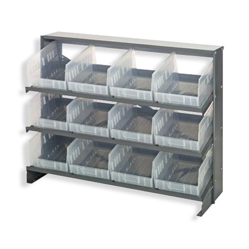 Quantum Storage Clear-View Store-More 6" Shelf Bin Sloped Steel Shelving System, 12"L x 36"W x 26-1/2"H, 3 Shelves Bench Rack, 12 QSB207CL (11-5/8"L x 8-3/8"W x 6"H) Clear Bins - QPRHA-207CL - 1 Each