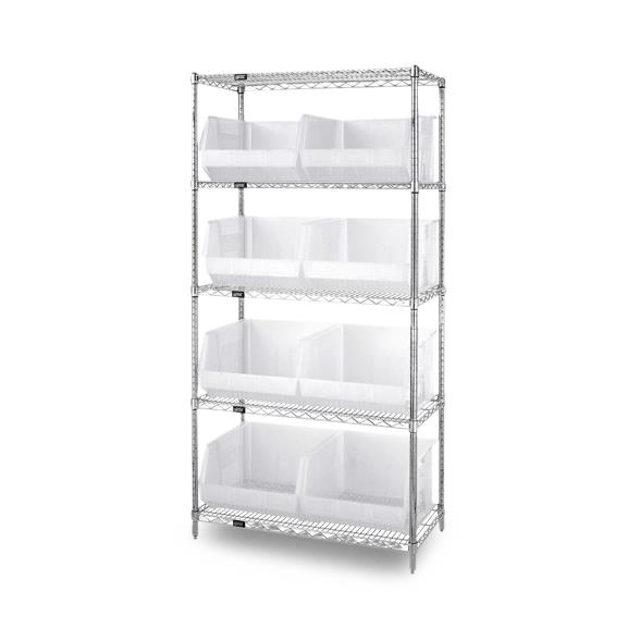 Quantum Storage Systems Stack Hang WR5-270CL 18" x 36" x 74" Wire Shelving with 4 Shelves and 8 Clear-View Ultra Stack-and-Hang Bins - MDL-MDRQWR5270CL - 1 Each