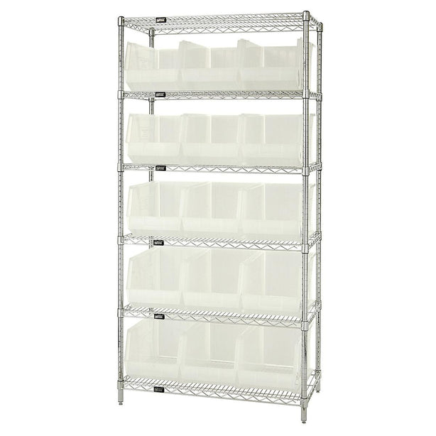 Quantum Storage Systems Stack Hang WR6-260CL 18" x 36" x 74" Wire Shelving with 6 Shelves and 15 Clear-View Ultra Stack-and-Hang Bins - MDL-MDRQWR6260CL - 1 Each