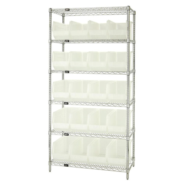 Quantum Storage Systems Stack Hang WR6-265CL 18" x 36" x 74" Wire Shelving with 6 Shelves and 20 Clear-View Ultra Stack-and-Hang Bins - MDL-MDRQWR6265CL - 1 Each