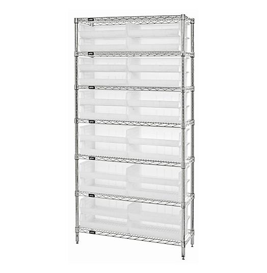 Quantum Storage Systems Stack Hang WR7-245CL 12" x 36" x 74" Wire Shelving with 7 Shelves and 24 Clear-View Ultra Stack-and-Hang Bins - MDL-MDRQWR7245CL - 1 Each