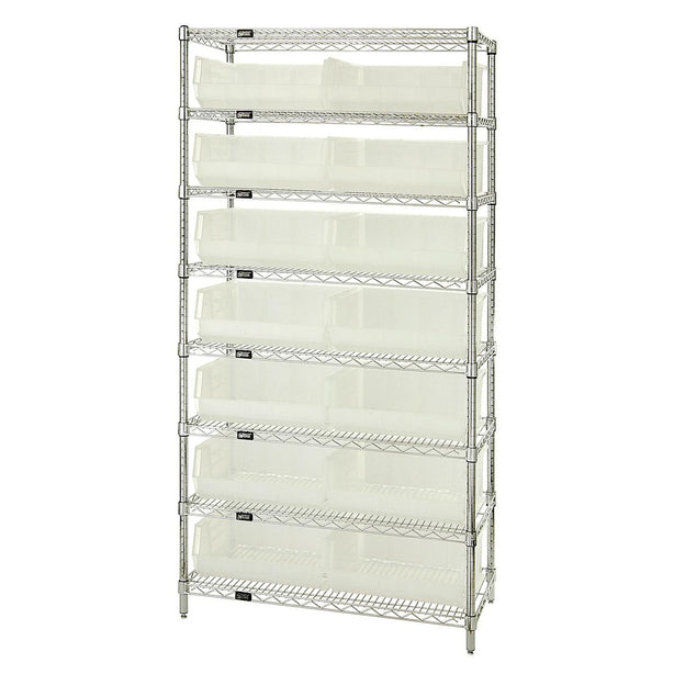 Quantum Storage Systems Stack Hang WR8-250CL 14" x 36" x 74" Wire Shelving with 8 Shelves and 14 Clear-View Ultra Stack-and-Hang Bins - MDL-MDRQWR8250CL - 1 Each