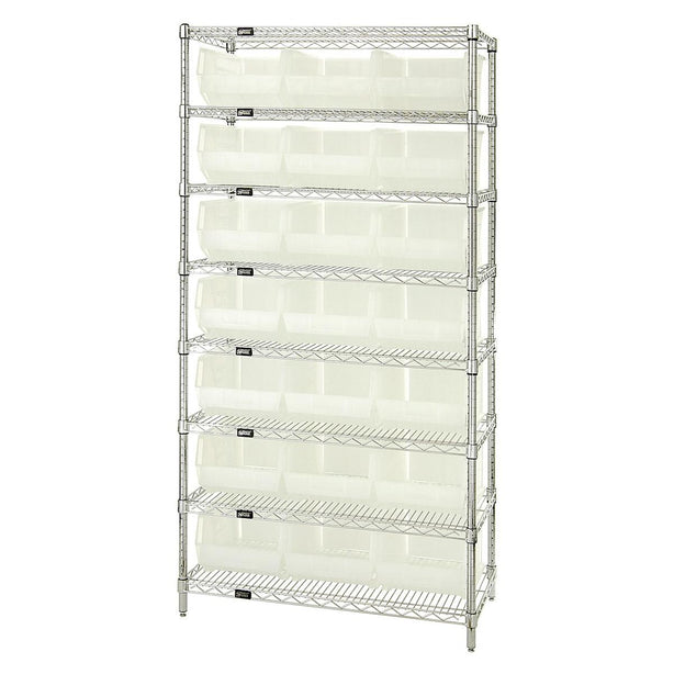 Quantum Storage Systems Stack Hang WR8-255CL 18" x 36" x 74" Wire Shelving with 8 Shelves and 21 Clear-View Ultra Stack-and-Hang Bins - MDL-MDRQWR8255CL - 1 Each