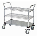 Quantum Storage Systems Chrome Mobile Utility Cart, 2 Wire Shelves, 1 Solid Shelf, 18" W x 42" L x 37.5" H - MDRQWRC18423C