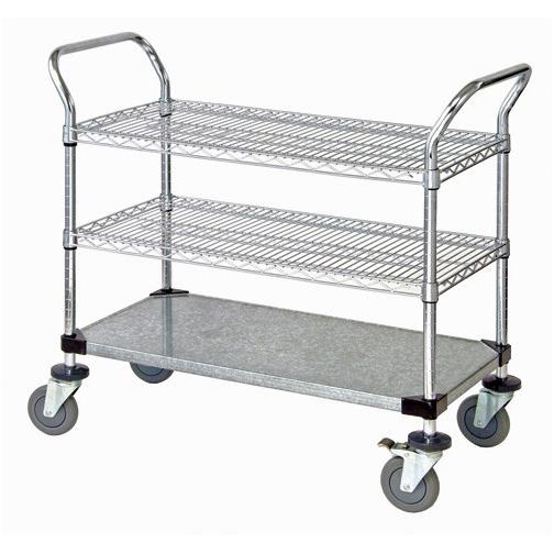 Quantum Storage Systems Chrome Mobile Utility Cart, 2 Wire Shelves, 1 Solid Shelf, 18" W x 42" L x 37.5" H - MDRQWRC18423C