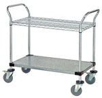 Quantum Storage Systems Chrome Mobile Utility Cart, 1 Wire Shelf, 1 Solid Shelf, 18" W x 48" L x 37.5" H - MDRQWRC18482C