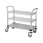 Quantum Storage Systems Chrome Mobile Utility Cart, 2 Wire Shelves, 1 Solid Shelf, 24" W x 36" L x 37.5" H - MDRQWRC24363C