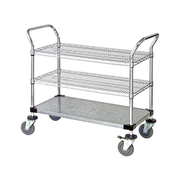 Quantum Storage Systems Chrome Mobile Utility Cart, 2 Wire Shelves, 1 Solid Shelf, 24" W x 36" L x 37.5" H - MDRQWRC24363C