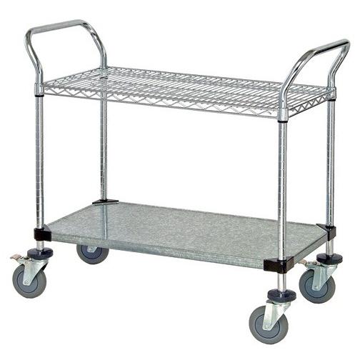 Quantum Storage Systems Chrome Mobile Utility Cart, 1 Wire Shelf, 1 Solid Shelf, 24" W x 42" L x 37.5" H - MDRQWRC24422C