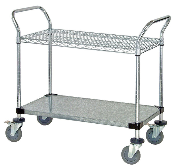 Quantum Storage Systems Chrome Mobile Utility Cart, 1 Wire Shelf, 1 Solid Shelf, 24" W x 48" L x 37.5" H - MDRQWRC24482C