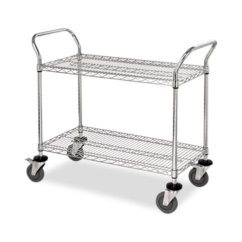 Quantum Storage Systems Stainless Steel 2 Shelf Wire Utility Cart, with 2 Wire Shelves, 2 U-Handles, 4 Donut Bumpers, and 4 Swivel Casters (2 with Brakes), 24" W x 36" L x 37-1/2" H - MDRWRSC24362