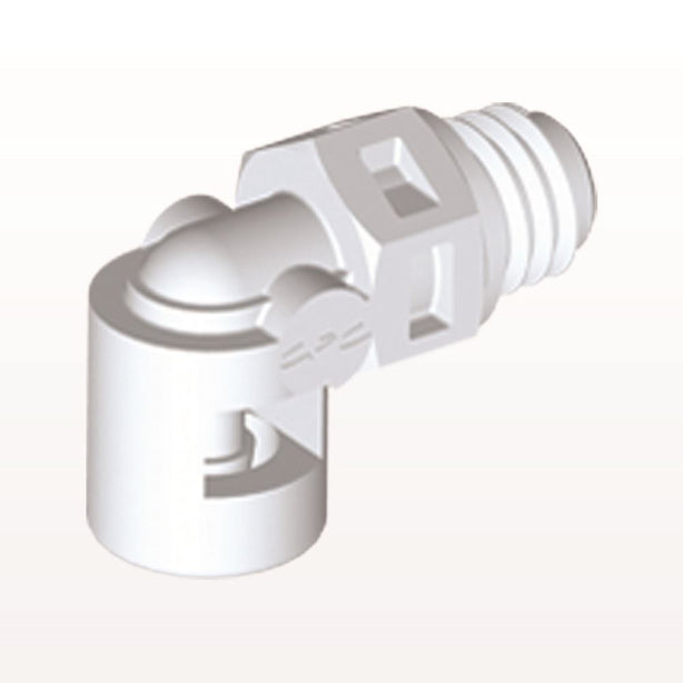 Threaded Elbow Connector, Barbed, White, 100/Bag - Fits 1/16 inch ID Tubing (0.063 inch, 1.59 mm) x Tapered 10-32 UNF - ME230