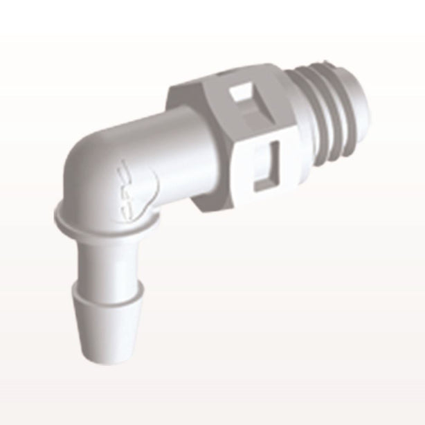 Threaded Elbow Connector, Barbed, White, 100/Bag - Fits 3/32 inch ID Tubing (0.094 inch, 2.38 mm) x Tapered 10-32 UNF - ME330