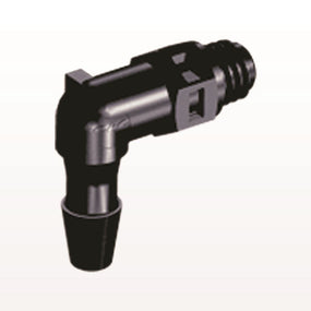 Threaded Elbow Connector, Barbed, Black, 100/Bag - Fits 1/8 inch ID Tubing (0.125 inch, 3.18 mm) x Tapered 10-32 UNF - ME431