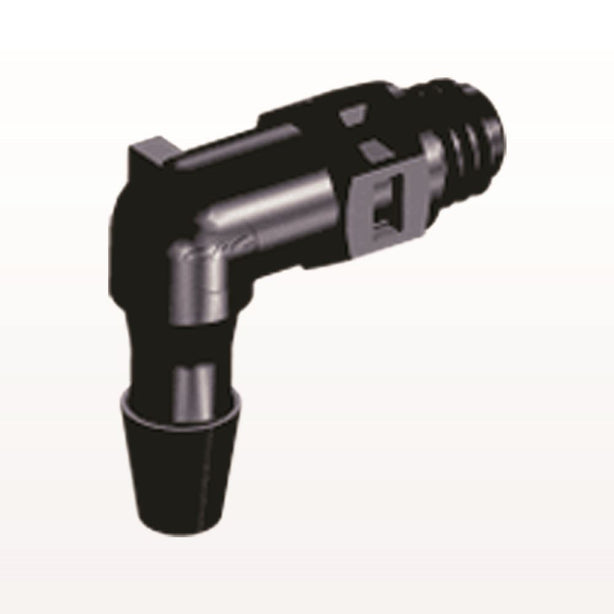 Threaded Elbow Connector, Barbed, Black, 100/Bag - Fits 1/8 inch ID Tubing (0.125 inch, 3.18 mm) x Tapered 10-32 UNF - ME431