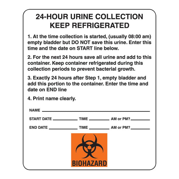 MarketLab 24 Hour Urine Collection Instructions Label, 250 per PK - 6462 - 250 Each