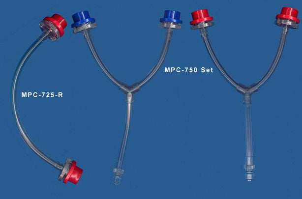 Molded Y-Line Disposable Dialysate Line with (2) Female Hansen Connectors and (1) Male Hansen Connector, Red / Blue - MPC-750 - 2 Each