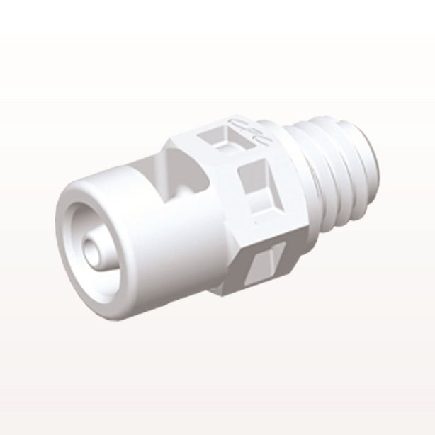 Threaded Connector, Barbed, White, 100/Bag - Fits 1/16 inch ID Tubing (0.063 inch, 1.59 mm) x Tapered 10-32 UNF - MS230