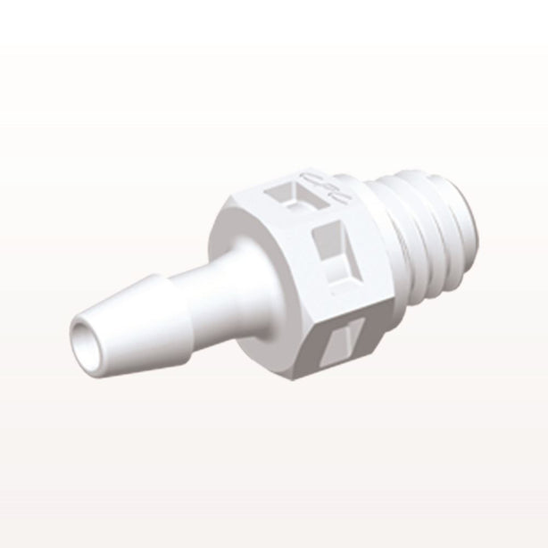 Threaded Connector, Barbed, White, 100/Bag - Fits 3/32 inch ID Tubing (0.094 inch, 2.38 mm) x Tapered 10-32 UNF - MS330