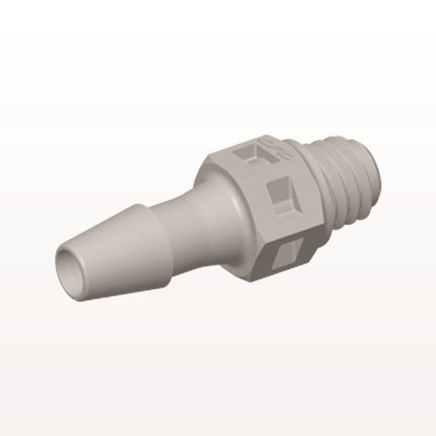 Threaded Connector, Barbed, Natural, 100/Bag - Fits 1/8 inch ID Tubing (0.125 inch, 3.18 mm) x Tapered 10-32 UNF - MS4