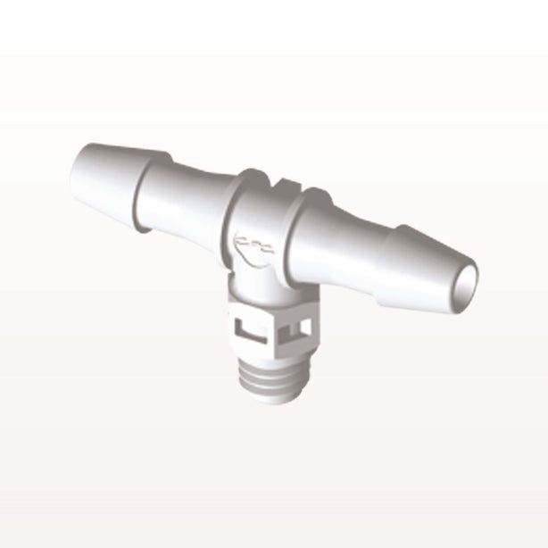Threaded T Connector Barbed, White, 100/Bag - Fits 5/32 inch ID Tubing (0.156 inch, 3.97 mm) x Tapered 10-32 UNF - MT530