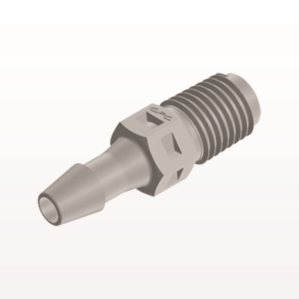 Threaded Connector, Barbed, Natural, 100/Bag - Fits 5/32 inch ID Tubing (0.156 inch, 3.97 mm) x 1/16" NPT - N2S5