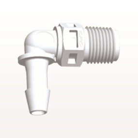 Threaded Elbow Connector, Barbed, White, 100/Bag - Fits 3/16 inch ID Tubing (0.188 inch, 4.76 mm) x 1/8