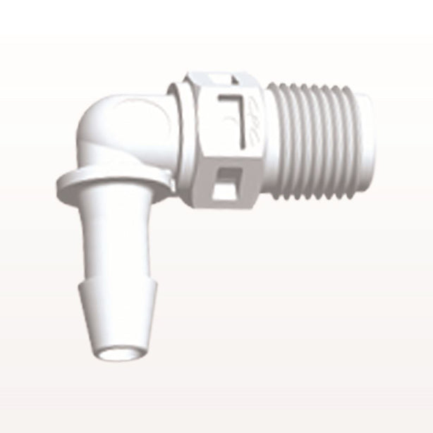 Threaded Elbow Connector, Barbed, White, 100/Bag - Fits 3/16 inch ID Tubing (0.188 inch, 4.76 mm) x 1/8" NPT - N4E630