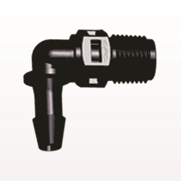 Threaded Elbow Connector, Barbed, Black, 100/Bag - Fits 3/16 inch ID Tubing (0.188 inch, 4.76 mm) x 1/8" NPT - N4E631