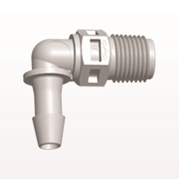 Threaded Elbow Connector, Barbed, Natural, 100/Bag - Fits 3/16 inch ID Tubing (0.188 inch, 4.76 mm) x 1/8" NPT - N4E6