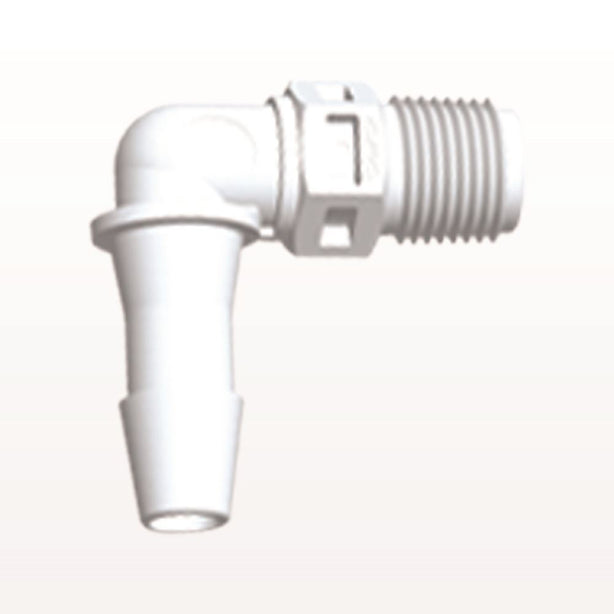 Elbow Connector, Barbed, White, 100/Bag - Fits 1/4 inch ID Tubing (0.25 inch, 6.35 mm) x 1/8 inch NPT Thread - N4E830