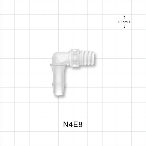 Threaded Elbow Connector, Barbed, Natural, 100/Bag - Fits 1/4 inch ID Tubing (0.25 inch, 6.35 mm) x 1/8" NPT - N4E8