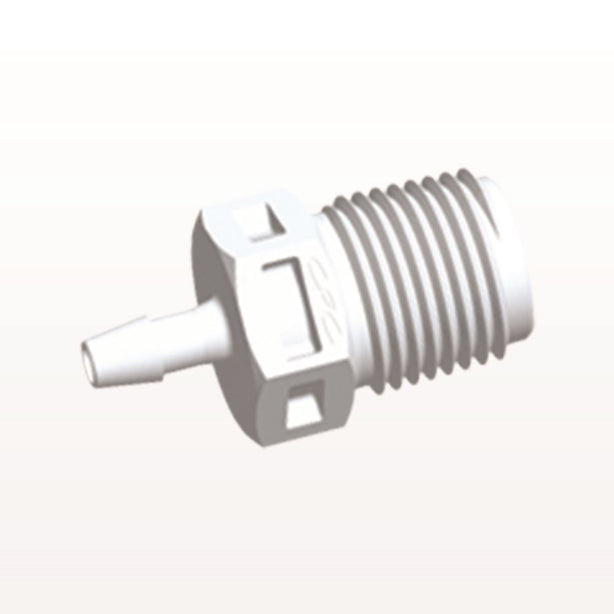 Threaded Connector, Barbed, White, 100/Bag - Fits 3/32 inch ID Tubing (0.094 inch, 2.38 mm) x 1/8" NPT - N4S330