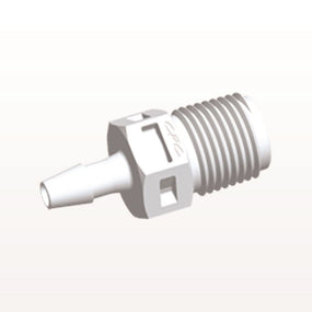 Threaded Connector, Barbed, White, 100/Bag - Fits 1/8 inch ID Tubing (0.125 inch, 3.18 mm) x 1/8