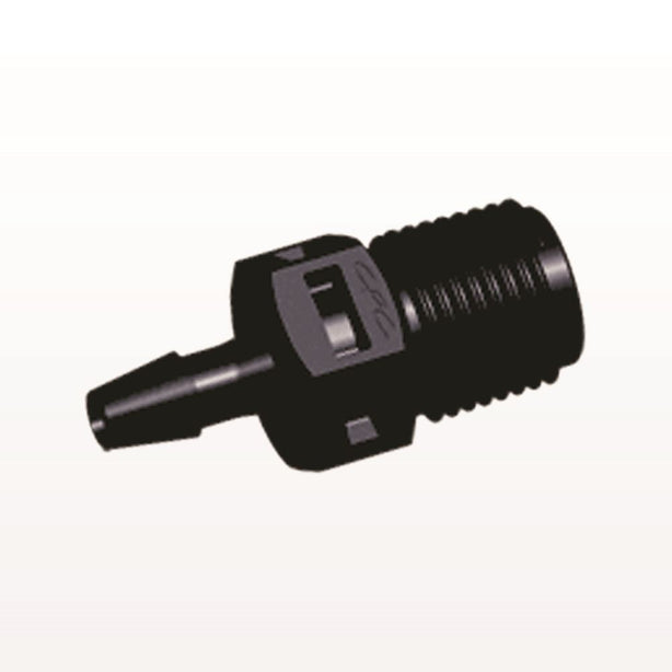 Threaded Connector, Barbed, Black, 100/Bag - Fits 1/8 inch ID Tubing (0.125 inch, 3.18 mm) x 1/8" NPT - N4S431