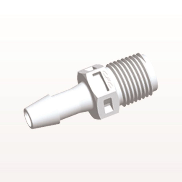 Threaded Connector, Barbed, White, 100/Bag - Fits 3/16 inch ID Tubing (0.188 inch, 4.76 mm) x 1/8" NPT - N4S630