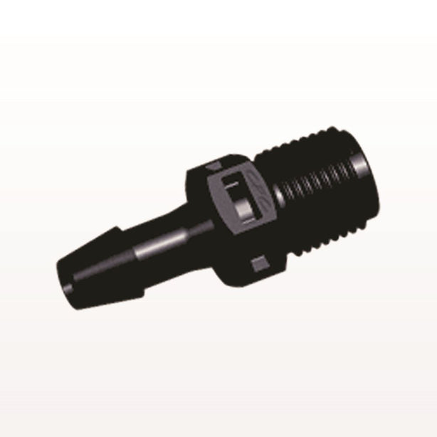 Threaded Connector, Barbed, Black, 100/Bag - Fits 3/16 inch ID Tubing (0.188 inch, 4.76 mm) x 1/8" NPT - N4S631