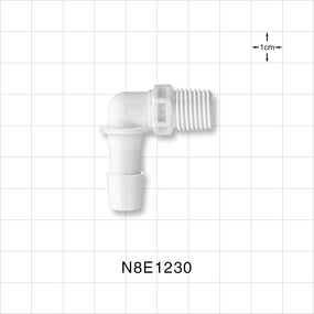Threaded Elbow Connector, Barbed, White, 100/Bag - Fits 3/8 inch ID Tubing (0.375 inch, 9.53 mm) x 1/4