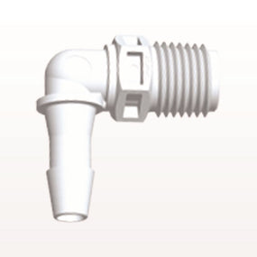 Threaded Elbow Connector, Barbed, White, 100/Bag - Fits 1/4 inch ID Tubing (0.25 inch, 6.35 mm) x 1/4