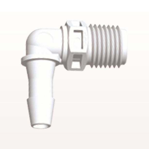 Threaded Elbow Connector, Barbed, White, 100/Bag - Fits 1/4 inch ID Tubing (0.25 inch, 6.35 mm) x 1/4" NPT - N8E830